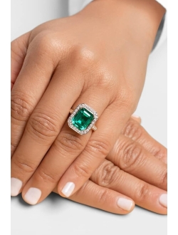 Created Colombian Emerald with Lab Grown Diamonds Modern Art Deco Ring for Women 14K White or Yellow Gold, 6 Carats Total, Vivid Green 12x10mm Emerald Cut, Sizes 4