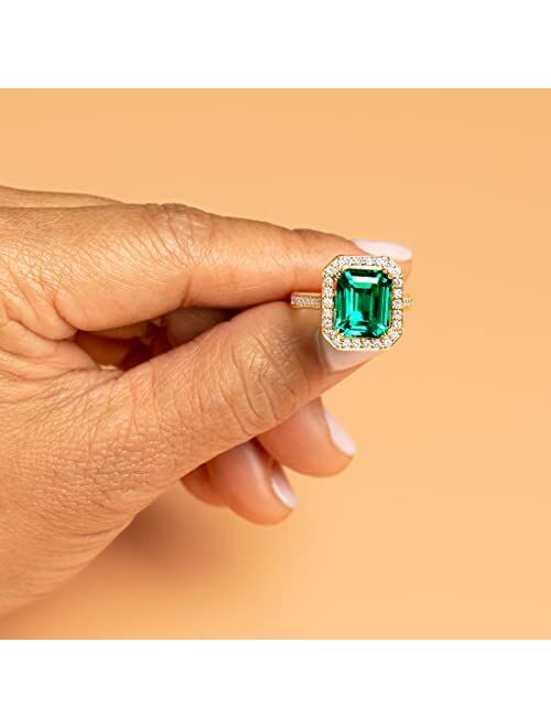 Peora Created Colombian Emerald with Lab Grown Diamonds Modern Art Deco Ring for Women 14K White or Yellow Gold, 6 Carats Total, Vivid Green 12x10mm Emerald Cut, Sizes 4 