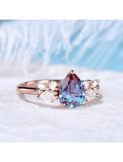Bbbgem Pear Shaped Alexandrite Engagement Ring 1.25ct Teardrop Alexandrite Wedding Ring June Birthstone Cluster Color-Change Alexandrite Ring Unique Promise Ring Annivers