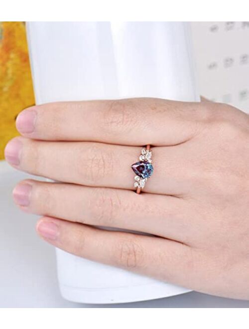 Bbbgem Pear Shaped Alexandrite Engagement Ring 1.25ct Teardrop Alexandrite Wedding Ring June Birthstone Cluster Color-Change Alexandrite Ring Unique Promise Ring Annivers