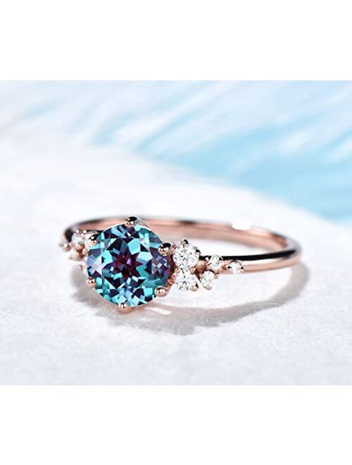 Bbbgem 1ct Round Engagement Ring Color-Change Alexandrite Ring Vintage Snowdrift Cluster June Birthstone Wedding Ring Sterling Silver/10K/14K/18K Rose Gold Gemstone Ring 