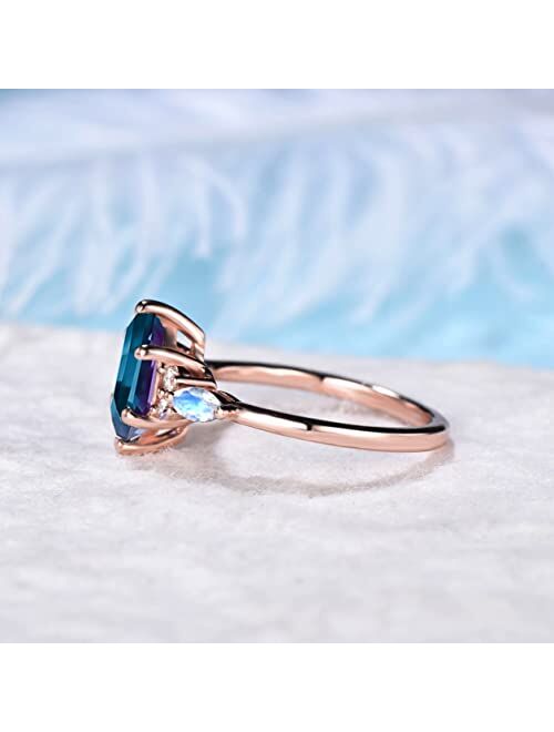 Bbbgem Sterling Silver Elongated Hexagon Cut Color-Change Alexandrite Engagement Rings 10K/14K/18K Solid Rose Gold Cluster Moissanite Ring Unique June Birthstone Promise 