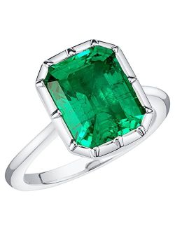 Created Colombian Emerald Ring for Women 14K White or Yellow Gold, Bezel Solitaire, 4 Carats Vivid Green 11x9mm Emerald Cut, Sizes 4 to 10
