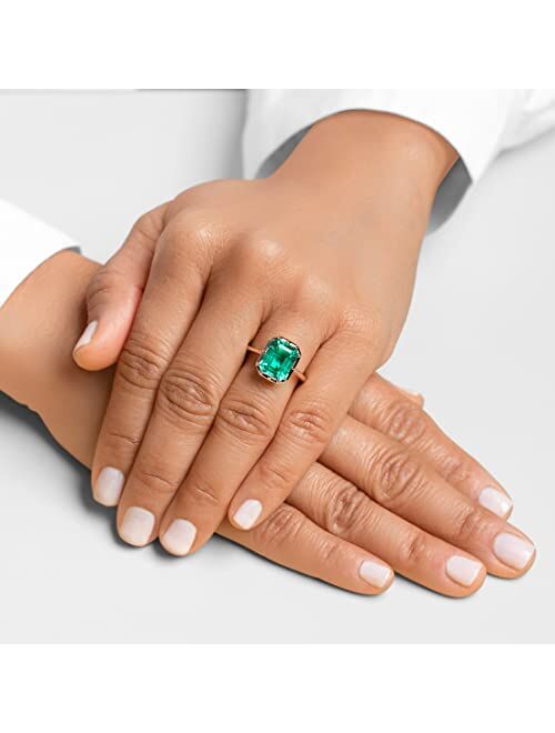 Peora Created Colombian Emerald Ring for Women 14K White or Yellow Gold, Bezel Solitaire, 4 Carats Vivid Green 11x9mm Emerald Cut, Sizes 4 to 10