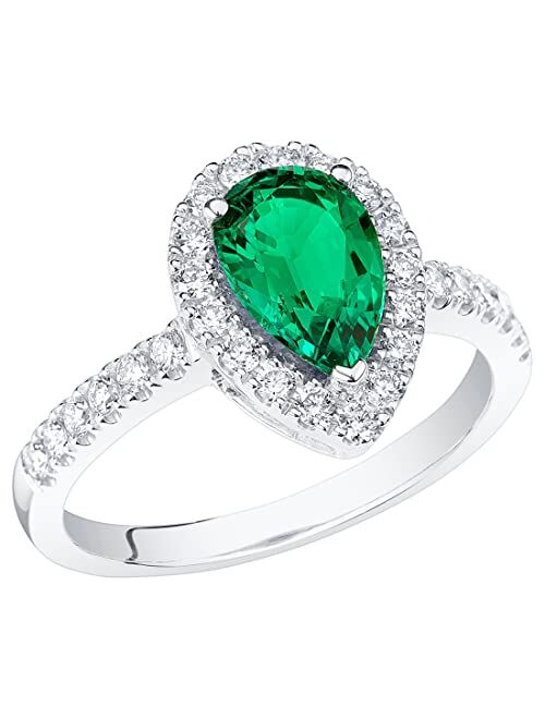 Peora Created Colombian Emerald with Lab Grown Diamonds Teardrop Engagement Ring for Women 14K White or Yellow Gold, 1.70 Carats Total, Vivid Green 9x6mm Pear Shape, Size