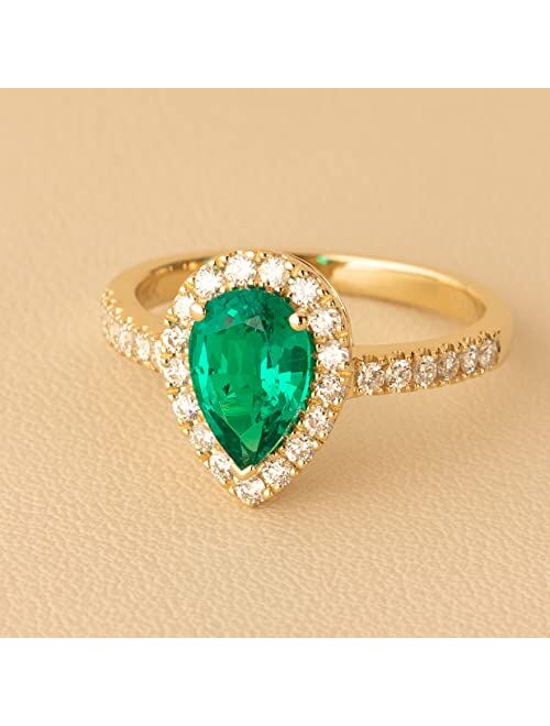 Peora Created Colombian Emerald with Lab Grown Diamonds Teardrop Engagement Ring for Women 14K White or Yellow Gold, 1.70 Carats Total, Vivid Green 9x6mm Pear Shape, Size