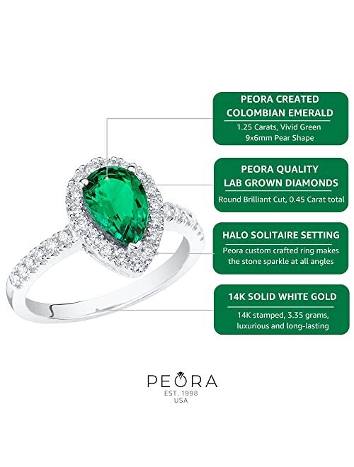 Peora Created Colombian Emerald with Lab Grown Diamonds Teardrop Engagement Ring for Women 14K White or Yellow Gold, 1.70 Carats Total, Vivid Green 9x6mm Pear Shape, Size