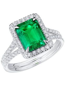 Created Colombian Emerald with Lab Grown Diamonds Half-Eternity Solitaire Ring for Women 14K White or Yellow Gold, 2.50 Carats Total, Vivid Green 9x7mm Emerald Cut,