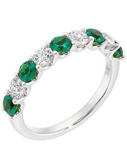 Solid 14K Gold 1 Carat Lab Grown Diamond and Created Emerald 9-Stone Half Eternity Band for Women, Wedding Anniversary Stackable Ring, Sizes 4 to 10