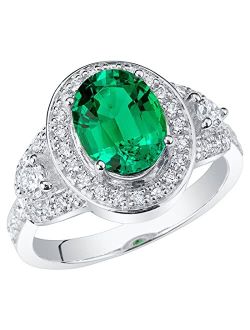 Created Colombian Emerald with Lab Grown Diamonds Vintage Design Ring for Women 14K White or Yellow Gold, 2.50 Carats Total, Vivid Green 9x7mm Oval Shape, Sizes 4 t
