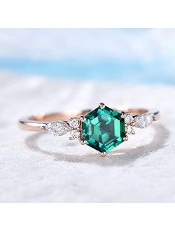 Bbbgem Sterling Silver Hexagon Ring Emerald Engagement Ring May Birthstone Vintage Anniversary Ring Sterling Silver Dainty Personalized Ring Rose Gold Ring Woman,Size fro