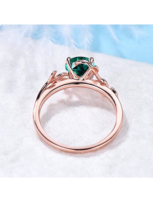 Bbbgem Sterling Silver Round Cut Emerald Engagement Ring May Birthstone Vintage Anniversary Ring Personalized Dainty Leaf Wedding Solitaire Ring Birthday Gift for Women,S