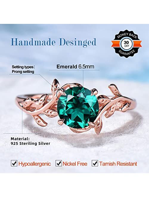 Bbbgem Sterling Silver Round Cut Emerald Engagement Ring May Birthstone Vintage Anniversary Ring Personalized Dainty Leaf Wedding Solitaire Ring Birthday Gift for Women,S