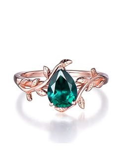 Bbbgem Sterling Silver/Rose Gold Vintage Pear Shape Emerald Engagement Ring Leaf Flower Ring Emerald Solitaire Ring For Women Unique Anniversary Wedding Ring Gift For Wom