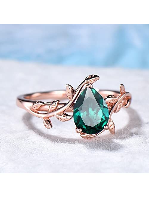 Bbbgem Sterling Silver/Rose Gold Vintage Pear Shape Emerald Engagement Ring Leaf Flower Ring Emerald Solitaire Ring For Women Unique Anniversary Wedding Ring Gift For Wom