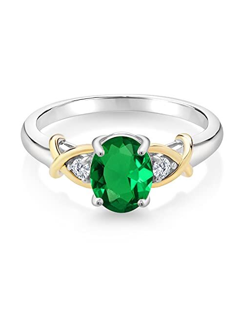 Gem Stone King 2 Tone 10K Yellow Gold and 925 Sterling Silver Green Nano Emerald and Lab Grown Diamond Ring For Women (0.83 Cttw, Available in Size 5,6,7,8,9)