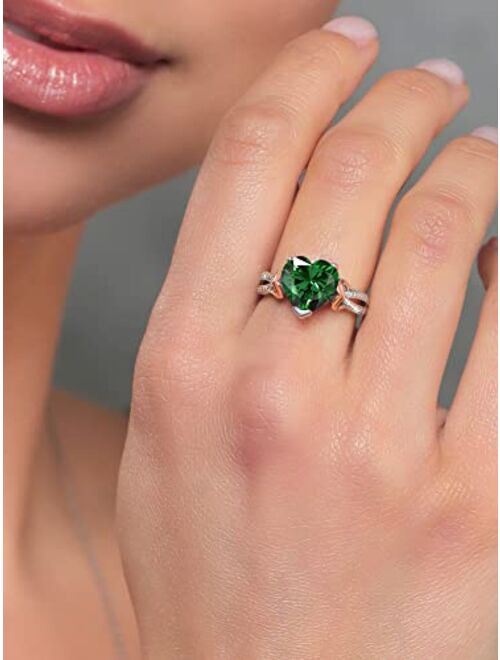 Gem Stone King 925 Sterling Silver and 10K Rose Gold Green Nano Emerald and White Lab Grown Diamond Accent Women Ring (3.01 Cttw, Heart Shape 10MM, Available In Size 5, 6