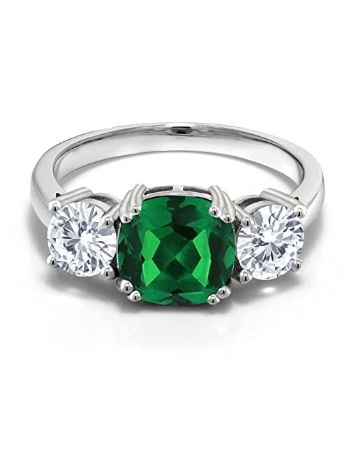 Gem Stone King 925 Sterling Silver 3-Stone Ring Cushion Green Simulated Emerald and Forever Brilliant Moissanite 3.50cttw by Charles & Colvard