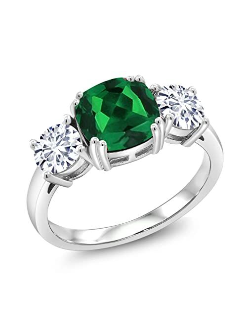 Gem Stone King 925 Sterling Silver 3-Stone Ring Cushion Green Simulated Emerald and Forever Brilliant Moissanite 3.50cttw by Charles & Colvard