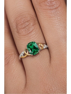 Gem Stone King 2 Tone 10K Yellow Gold and 925 Sterling Silver Green Created Emerald and White Lab Grown Diamond Engagement Ring For Women (1.16 Cttw, Available in Size 5,