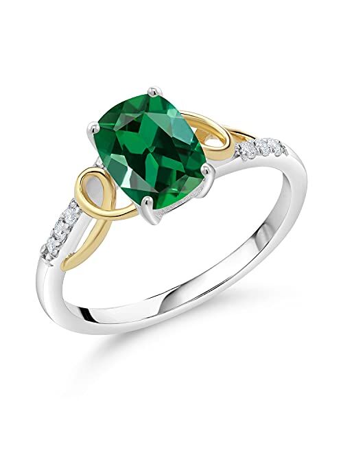 Gem Stone King 2 Tone 10K Yellow Gold and 925 Sterling Silver Green Created Emerald and White Lab Grown Diamond Engagement Ring For Women (1.16 Cttw, Available in Size 5,
