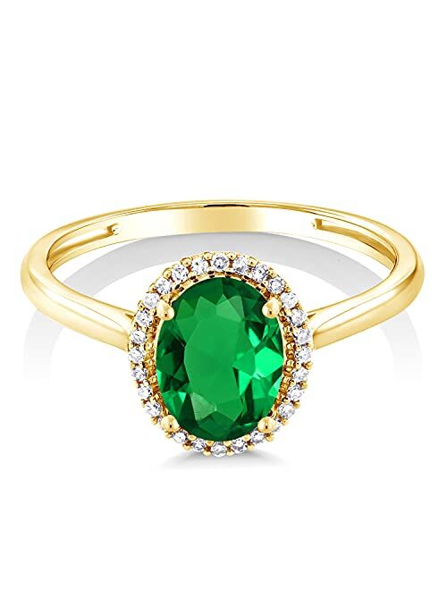 Gem Stone King 10K Yellow Gold Green Simulated Emerald and Diamond Engagement Ring For Women (1.00 Cttw, Oval 8X6MM, Available In Size 5,6,7,8,9)