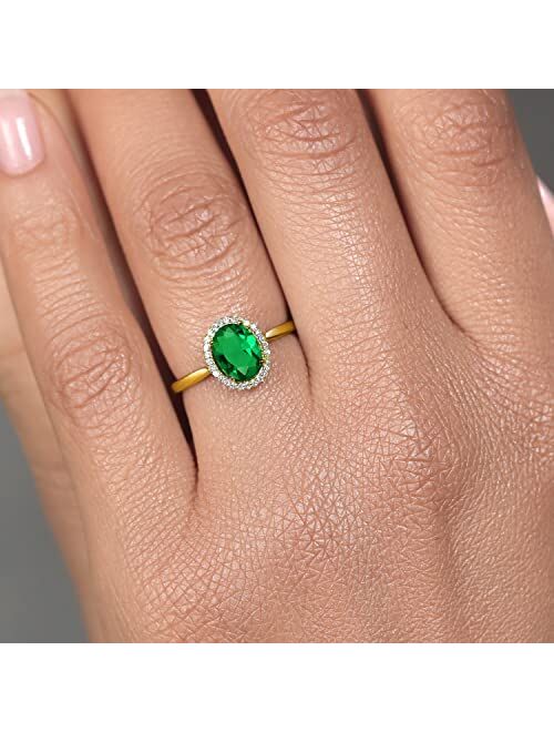 Gem Stone King 10K Yellow Gold Green Simulated Emerald and Diamond Engagement Ring For Women (1.00 Cttw, Oval 8X6MM, Available In Size 5,6,7,8,9)