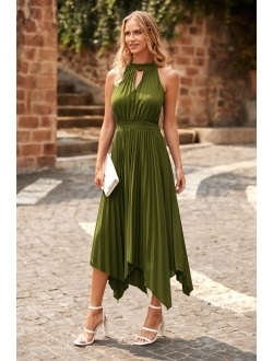 Summer Dress for Women Elegant Halter Neck Cut Out Irregular Hem Pleated Midi A-Line Flowy Dresses