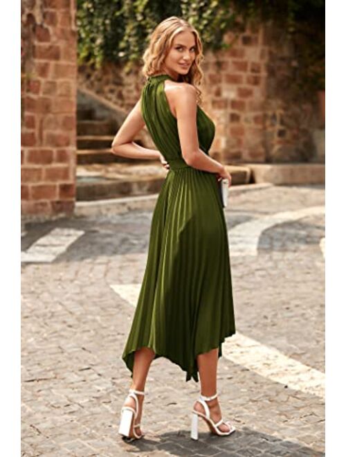 PRETTYGARDEN Summer Dress for Women Elegant Halter Neck Cut Out Irregular Hem Pleated Midi A-Line Flowy Dresses