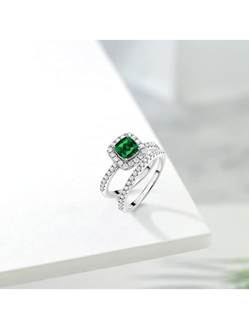 Gem Stone King 925 Sterling Silver Cushion Peach Green Nano Emerald and White Moissanite Wedding Engagement Ring Band Bridal Set For Women (1.52 Cttw, Available In Size 5