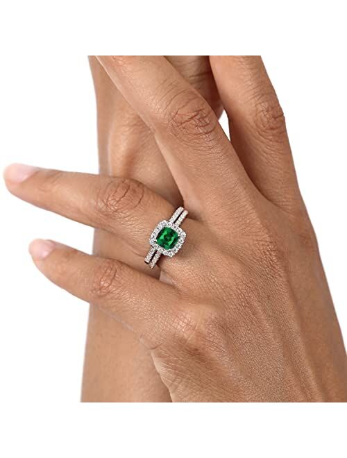 Gem Stone King 925 Sterling Silver Cushion Peach Green Nano Emerald and White Moissanite Wedding Engagement Ring Band Bridal Set For Women (1.52 Cttw, Available In Size 5