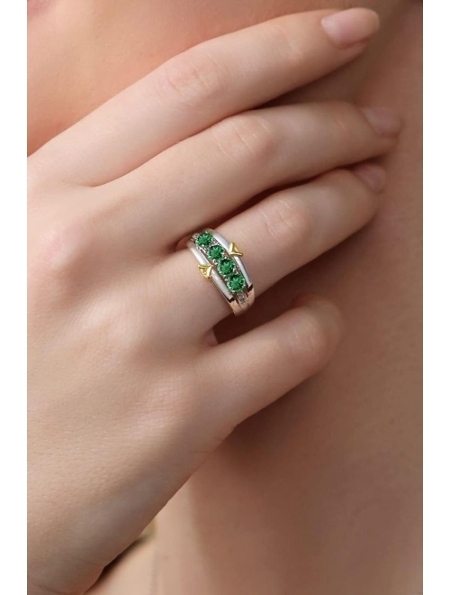 Gem Stone King 925 Sterling Silver and 10K Yellow Gold Green Nano Emerald and White G-H Lab Grown Diamond Ring For Women (1.25 Cttw, Available In Size 5, 6, 7, 8, 9)