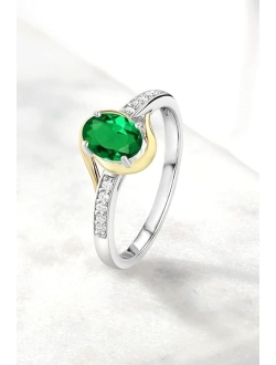 Gem Stone King 925 Sterling Silver and 10K Yellow Gold Green Nano Emerald and White Lab Grown Diamond Engagement Ring For Women (0.68 Cttw, Available In Size 5, 6, 7, 8, 