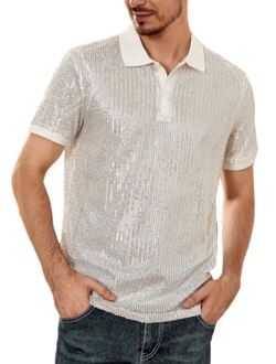 Men's Contrast Sequin Stand Collar Shirt Short Sleeve Party Polo Shirt Top