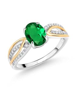 Gem Stone King 925 Silver and 10K Yellow Gold Green Nano Emerald and White Lab Grown Diamond Engagement Ring For Women (0.89 Cttw, Available In Size 5, 6, 7, 8, 9)