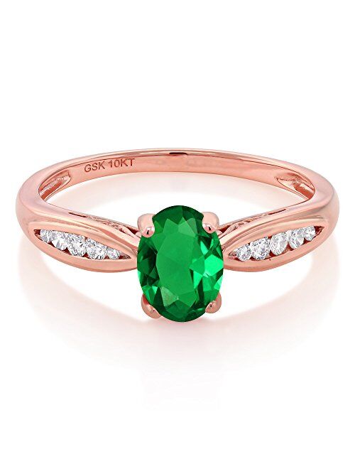 Gem Stone King 10K Rose Gold Green Simulated Emerald and Diamond Women Engagement Ring (0.67 Ct Oval Available in size 5, 6, 7, 8, 9)