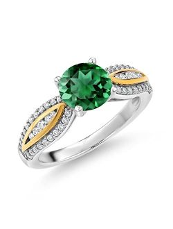 Gem Stone King 925 Silver and 10K Yellow Gold Green Nano Emerald and White Lab Grown Diamond Ring For Women (1.47 Cttw, Round 7MM, Gemstone Birthstone, Available in Size 