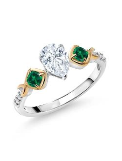 Gem Stone King 925 Silver and 10K Yellow Gold Green Nano Emerald Ring Set with Moissanite (1.06 Cttw)
