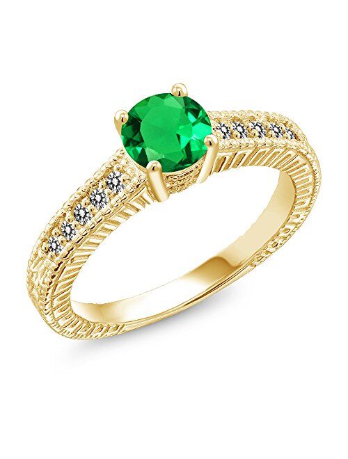 Gem Stone King 0.94 Ct Green Simulated Emerald White Diamond 18K Yellow Gold Plated Silver Engagement Ring
