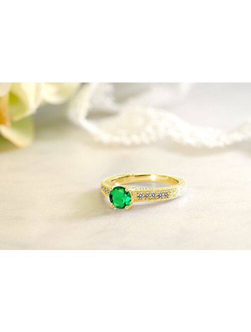 Gem Stone King 0.94 Ct Green Simulated Emerald White Diamond 18K Yellow Gold Plated Silver Engagement Ring