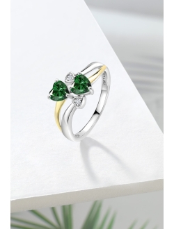 Gem Stone King 1.02 Ct Green Nano Emerald 925 Silver and 10K Yellow Gold Lab Grown Diamond Ring with 4 Hearts