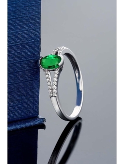 Gem Stone King 10K White Gold Women's Oval Simulated Emerald Diamond Ring (Available 5,6,7,8,9)