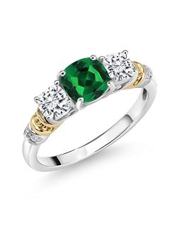 Gem Stone King 925 Sterling Silver and 10K Yellow Gold Cushion Green Nano Emerald and White Moissanite 3-Stone Women Ring (1.67 Cttw, Available In Size 5, 6, 7, 8, 9)