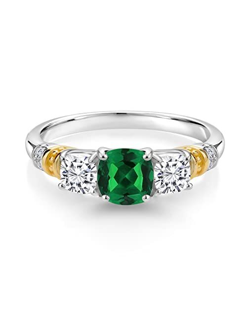 Gem Stone King 925 Sterling Silver and 10K Yellow Gold Cushion Green Nano Emerald and White Moissanite 3-Stone Women Ring (1.67 Cttw, Available In Size 5, 6, 7, 8, 9)