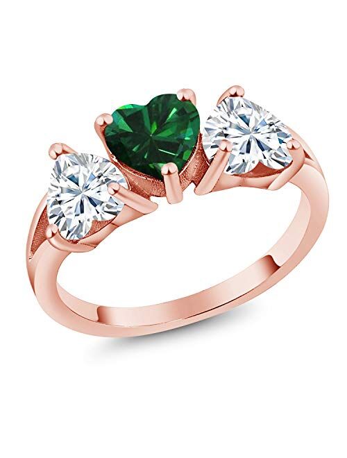 Gem Stone King 18K Rose Gold Plated Silver 3-Stone Ring Heart Shape Green Simulated Emerald and Near Colorless Moissanite 2.30cttw