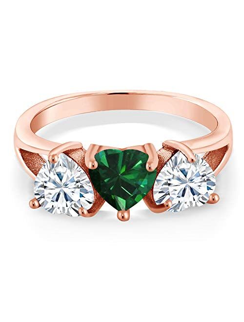 Gem Stone King 18K Rose Gold Plated Silver 3-Stone Ring Heart Shape Green Simulated Emerald and Near Colorless Moissanite 2.30cttw