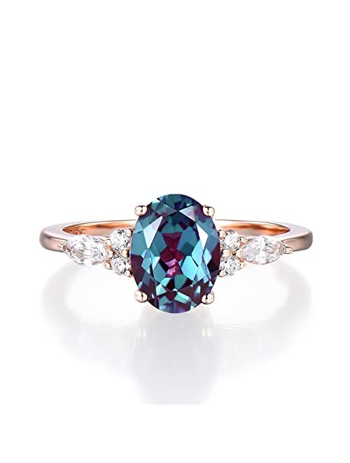 Bbbgem 1.5ct Oval Alexandrite Ring Cluster Eva Engagement Ring Rose Gold Lab Diamond Ring June Birthstone Color Chang Stone Wedding Anniversary Jewelry,Size from 4-10,wit