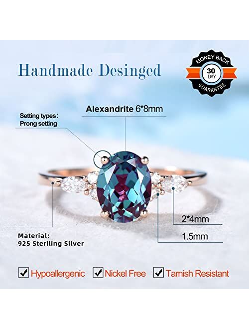 Bbbgem 1.5ct Oval Alexandrite Ring Cluster Eva Engagement Ring Rose Gold Lab Diamond Ring June Birthstone Color Chang Stone Wedding Anniversary Jewelry,Size from 4-10,wit