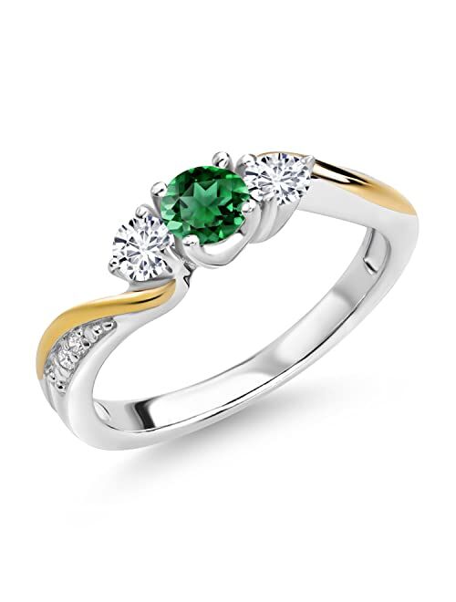 Gem Stone King 925 Silver and 10K Yellow Gold Lab Grown Diamond 3 Stone Women Engagement Ring Green Nano Emerald (0.53 Cttw, Available In Size 5, 6, 7, 8, 9)