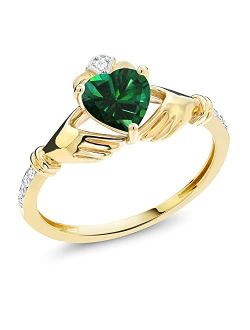 Gem Stone King 10K Yellow Gold Green Simulated Emerald and Diamond Accent Irish Celtic Claddagh Ring For Women (0.74 Cttw, Available in size 5, 6, 7, 8, 9)